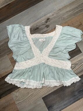 Anthropologie Mint Green Lace-Trim Peplum Blouse